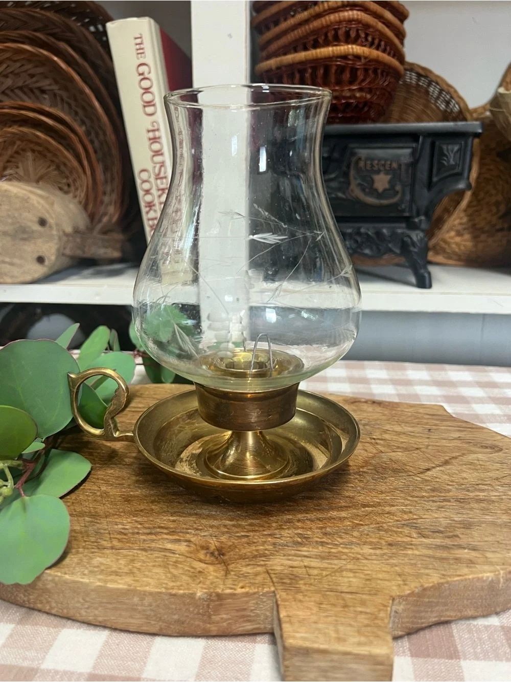 Vintage brass and glass candle holder chamber candlestick decor farmhouse